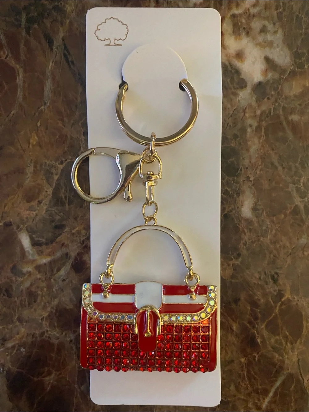 Bling Red Crystal Handbag Purse Charm Gold Tone Keychain New